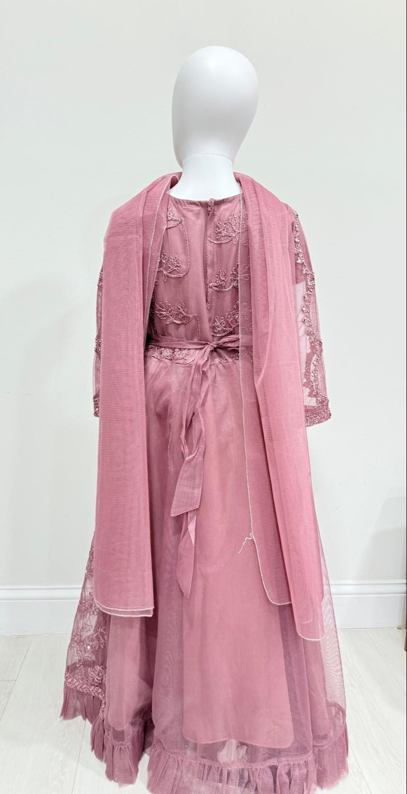 Girls Mauve Floral Embroidered Net Maxi Dress