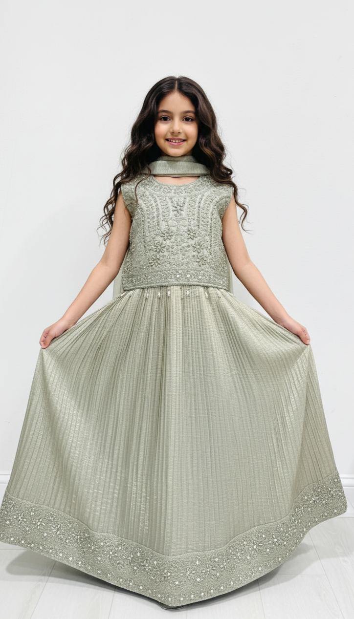 Kids Sage Ivory Embroidered Maxi & Blouse Set