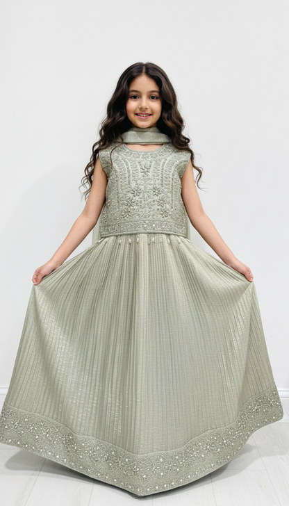 Kids Sage Ivory Embroidered Maxi & Blouse Set