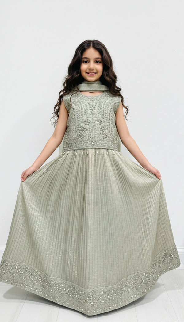 Kids Sage Ivory Embroidered Maxi & Blouse Set