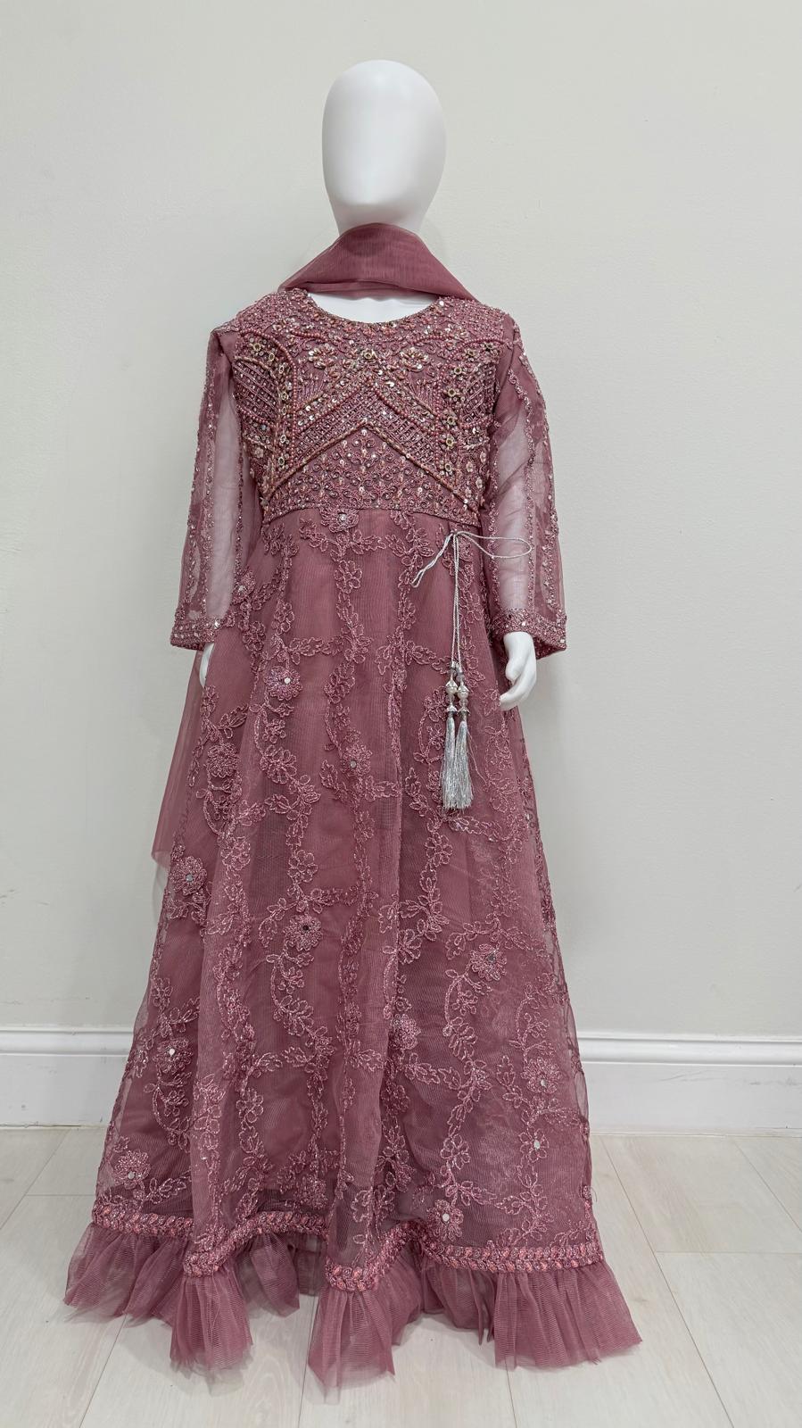 Girls Mauve Floral Embroidered Net Maxi Dress