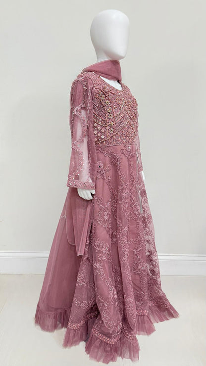 Girls Mauve Floral Embroidered Net Maxi Dress