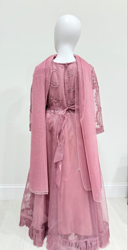 Girls Mauve Floral Embroidered Net Maxi Dress