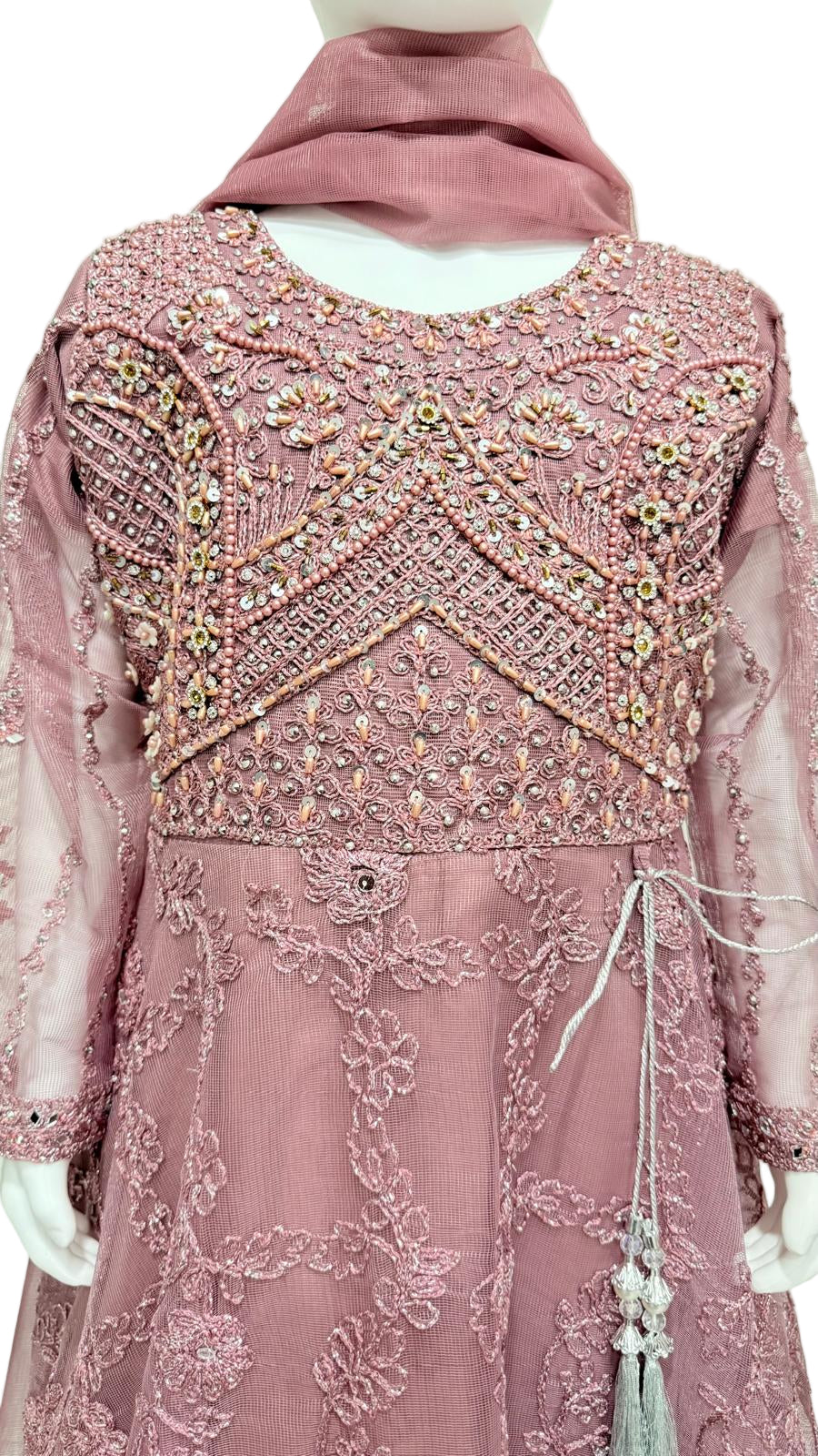 Girls Mauve Floral Embroidered Net Maxi Dress