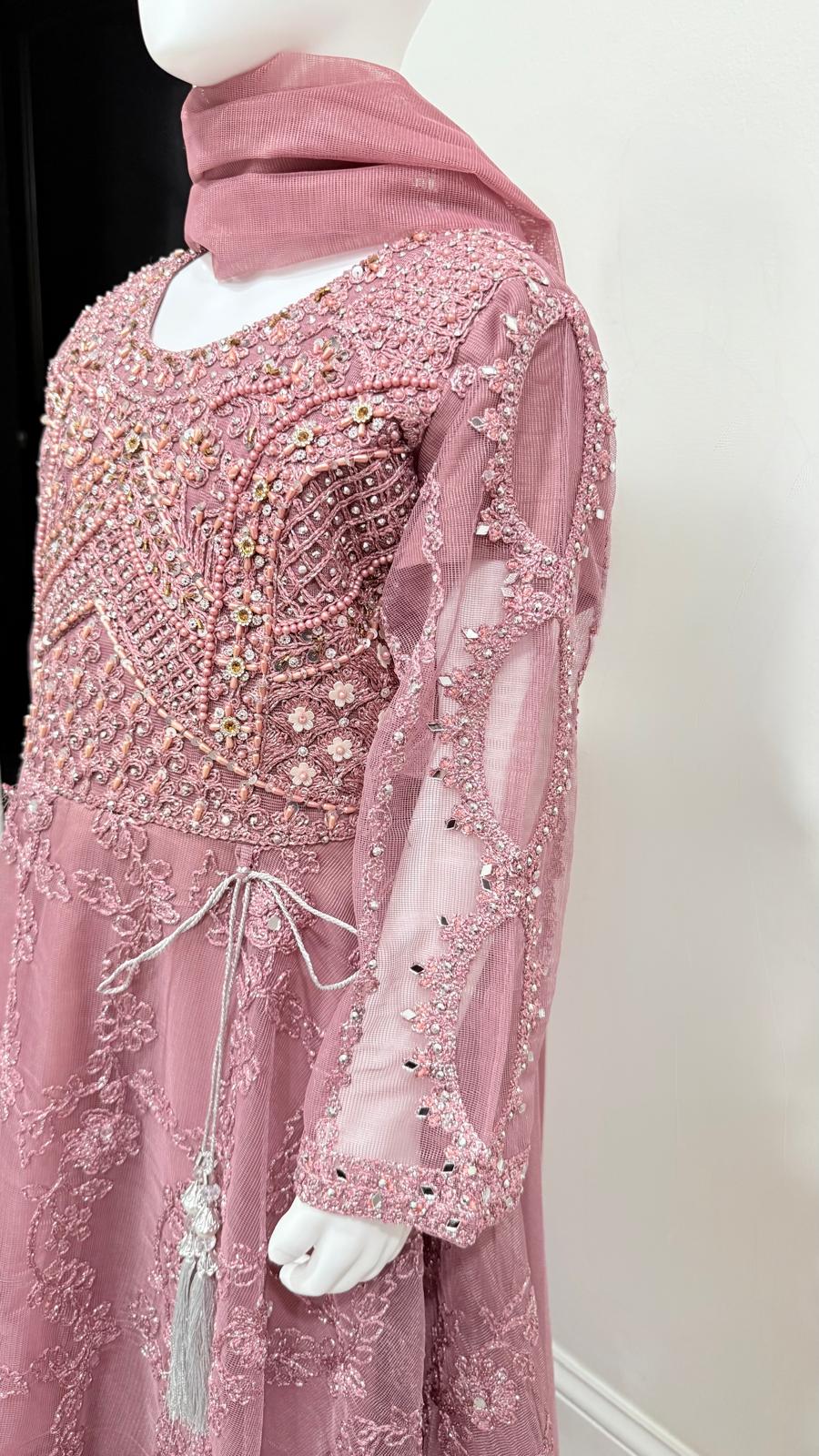 Girls Mauve Floral Embroidered Net Maxi Dress