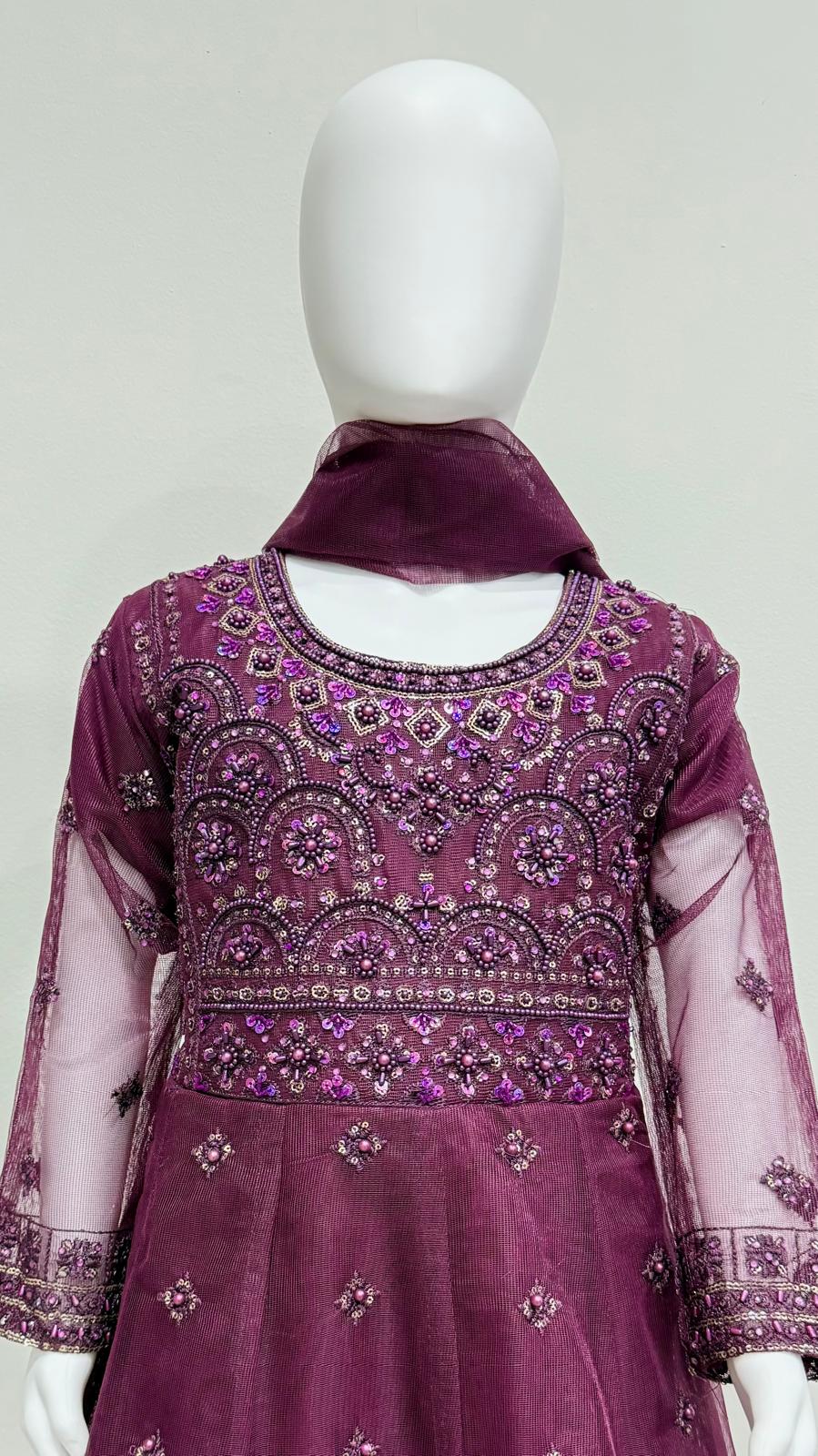 Kids Purple Embroidered Maxi Dress with Dupatta