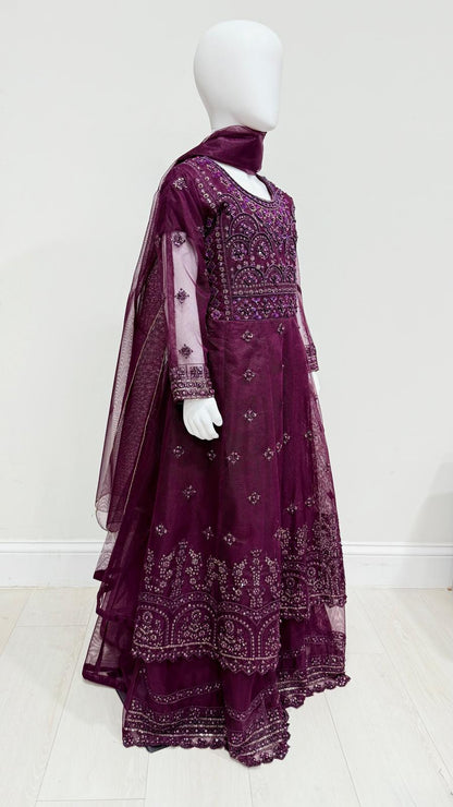 Kids Purple Embroidered Maxi Dress with Dupatta