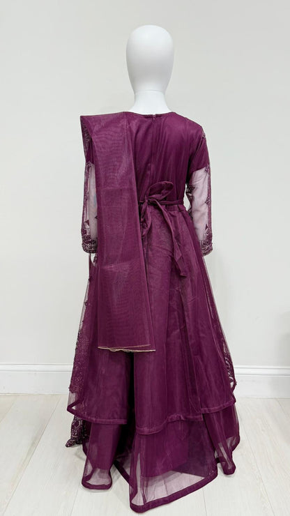 Kids Purple Embroidered Maxi Dress with Dupatta