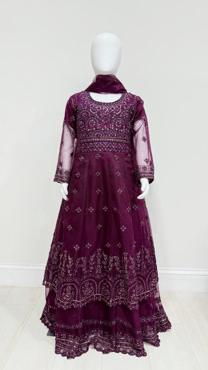 Kids Purple Embroidered Maxi Dress with Dupatta