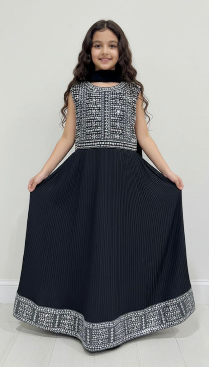 Kids Midnight Blue Mirrorwork Maxi Dress Set