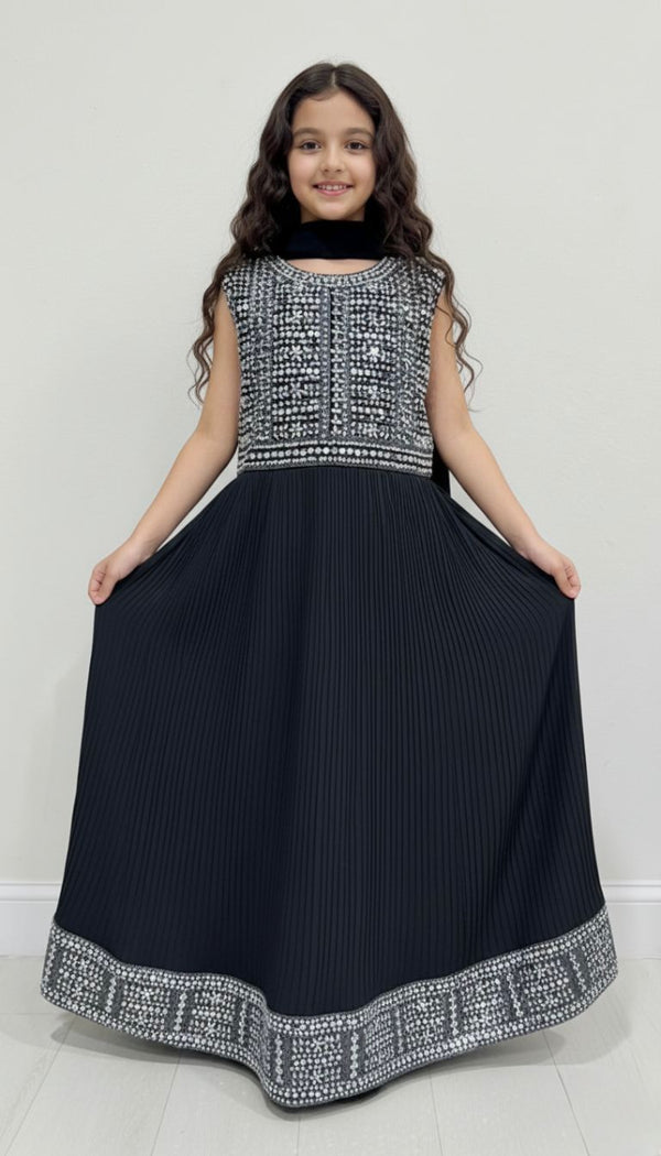 Kids Midnight Blue Mirrorwork Maxi Dress Set