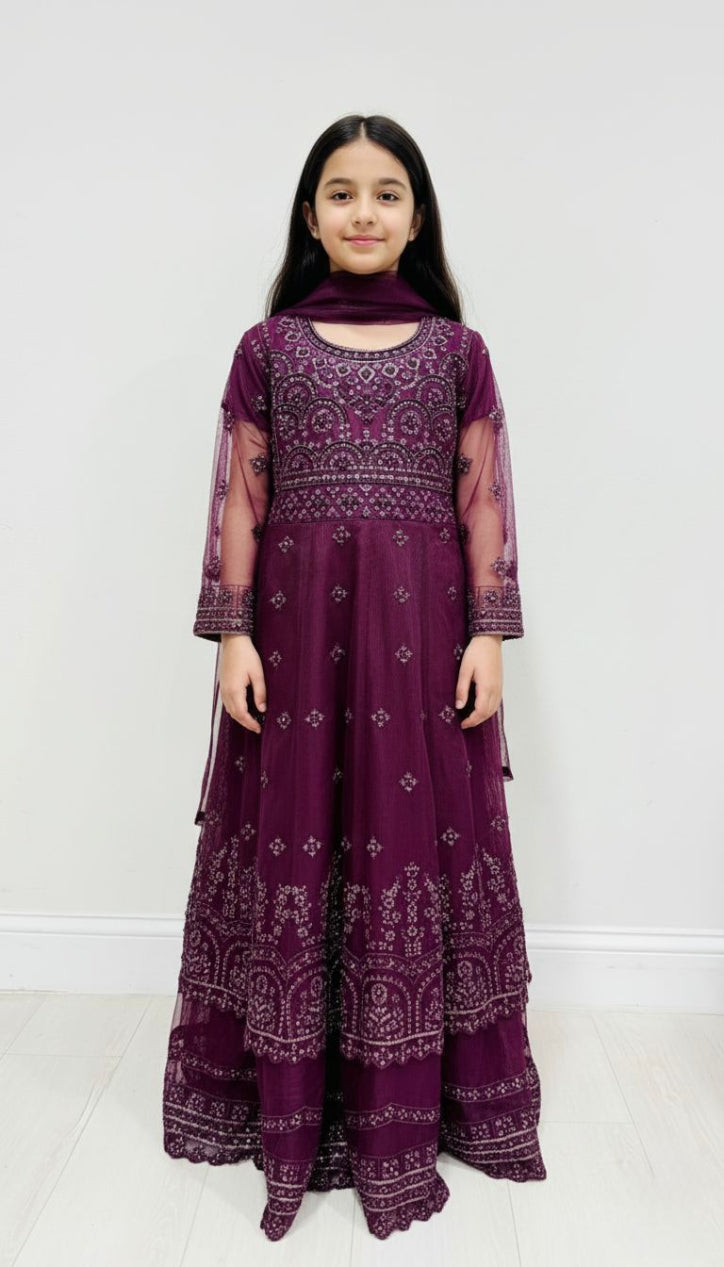 Kids Purple Embroidered Maxi Dress with Dupatta
