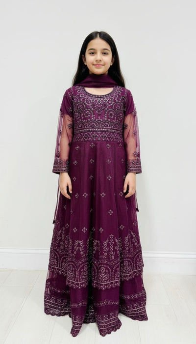 Kids Purple Embroidered Maxi Dress with Dupatta