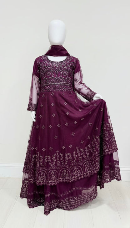 Kids Purple Embroidered Maxi Dress with Dupatta