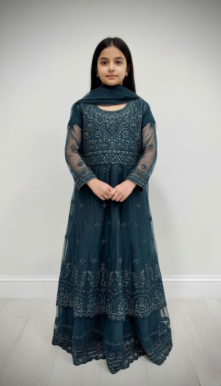 Teal Floral Embroidered Maxi Dress