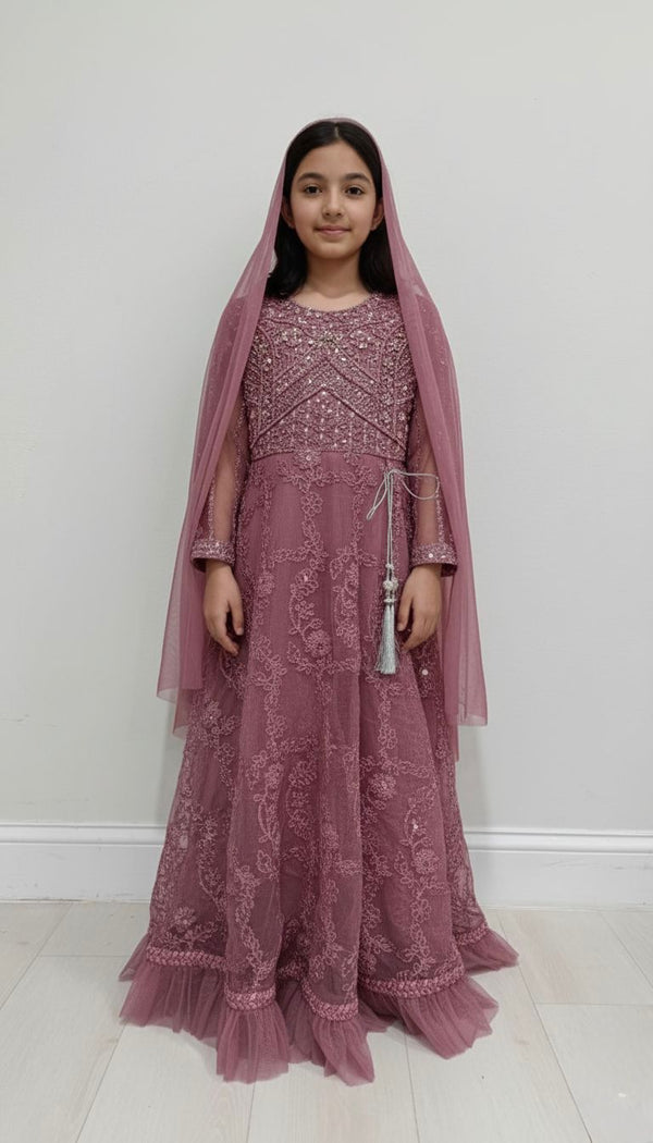 Girls Mauve Floral Embroidered Net Maxi Dress